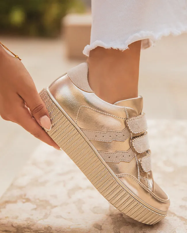ZAPATILLAS DE MUJER DORADAS Y BEIGE CON CIERRE DE VELCRO  CL64 GOLD