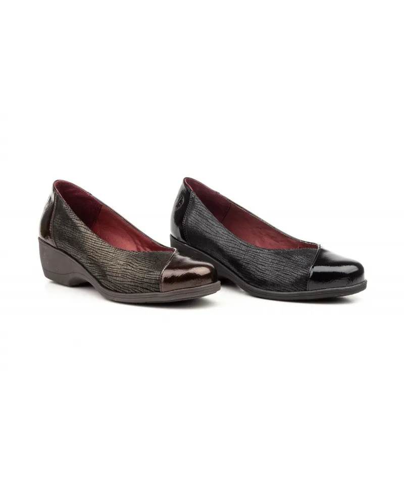 Zapatos Mujer Piel Negro y Marrón Cuña Baja